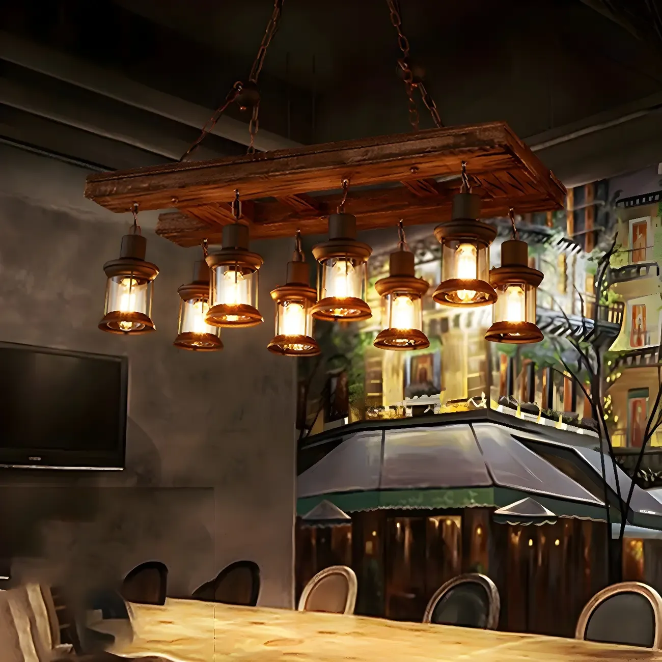 Industrial Farmhouse Metal Wood Rectangular Chandelier Image - 1