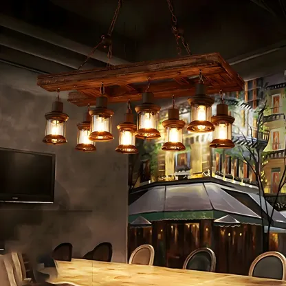 Industrial Farmhouse Metal Wood Rectangular Chandelier Image - 1