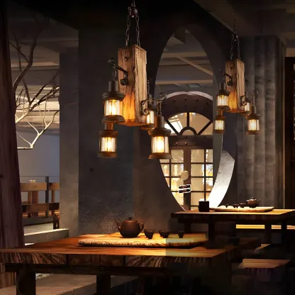 Industrial Farmhouse Metal Wood Rectangular Chandelier Image - 2