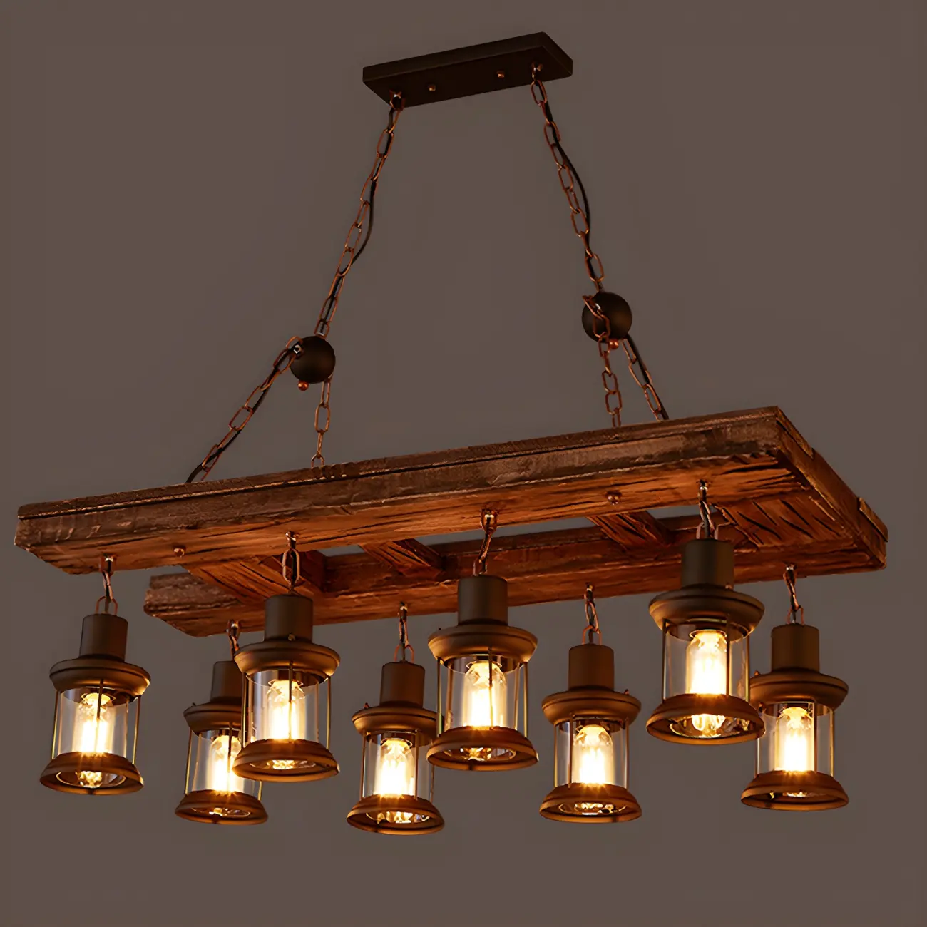 Industrial Farmhouse Metal Wood Rectangular Chandelier Image - 3 | homeyfad