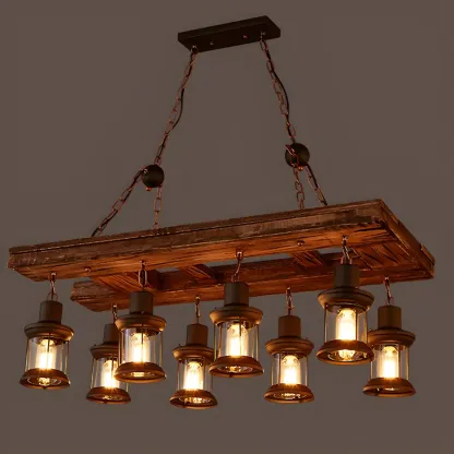 Industrial Farmhouse Metal Wood Rectangular Chandelier Image - 3