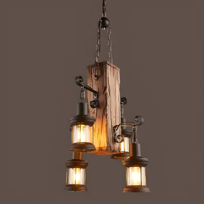 Industrial Farmhouse Metal Wood Rectangular Chandelier Image - 6