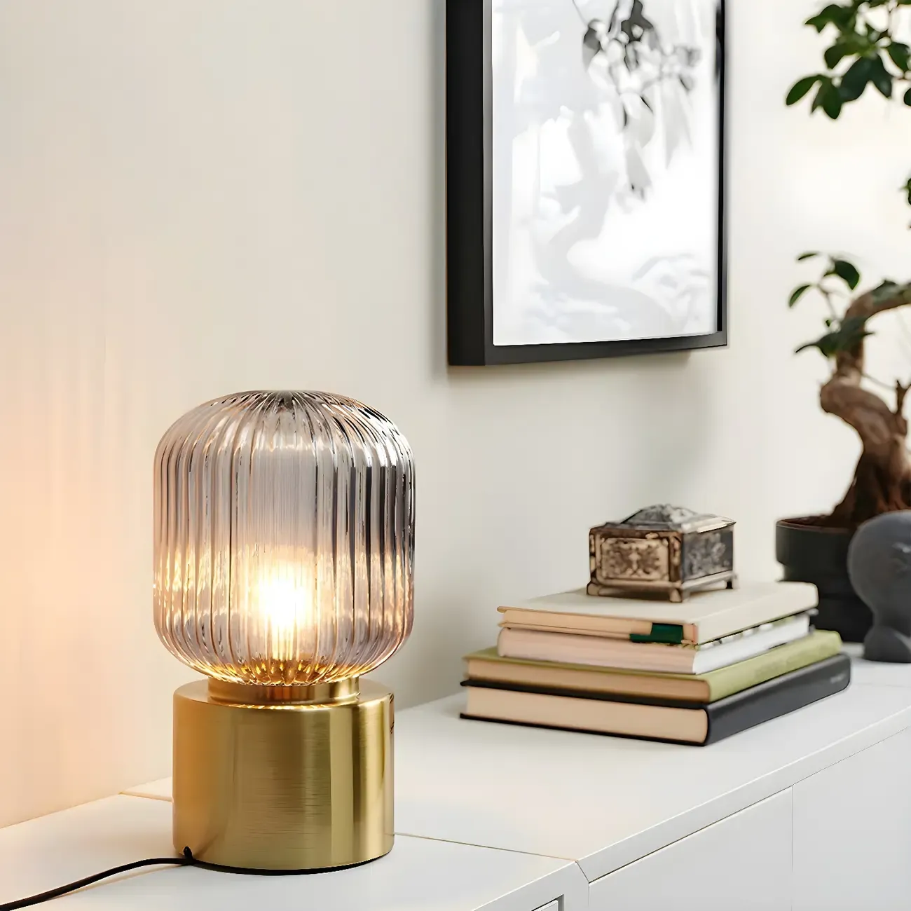 Mid-century Small Glass Brass Drum Bedside Table Lamp Image - 1