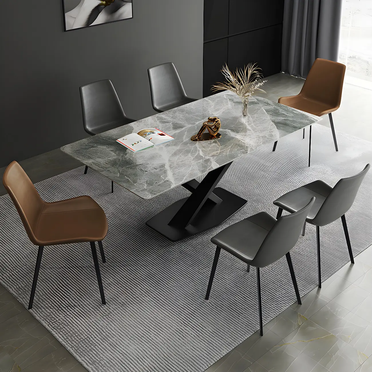 Rectangle Gray Slate Seats 6 Dining Table Set Image - 1 | homeyfad