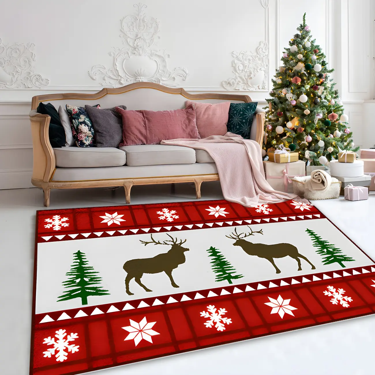 Christmas Decoretive Red-White Rectangle Rug for Living Room Image - 1 | homeyfad