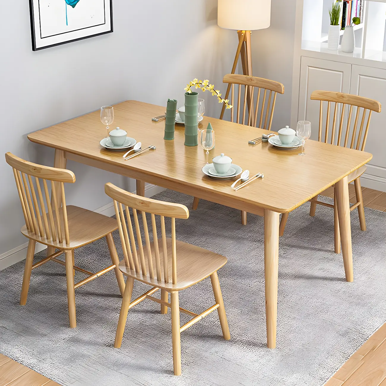 Solid Wood Rectangle 5 Piece Dining Table Set Image - 2 | homeyfad