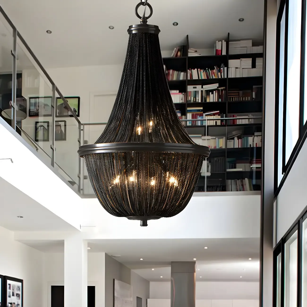 Black Beaded Iron Oval Modern Crystal Chandelier Light Image - 1