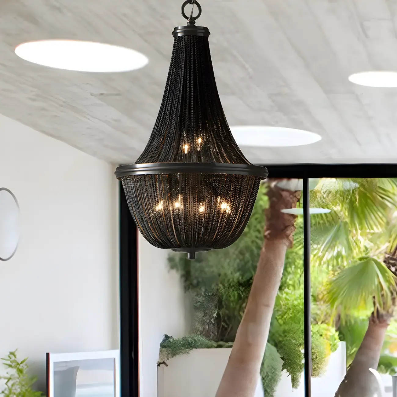 Black Beaded Iron Oval Modern Crystal Chandelier Light Image - 2