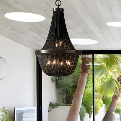 Black Beaded Iron Oval Modern Crystal Chandelier Light Image - 2