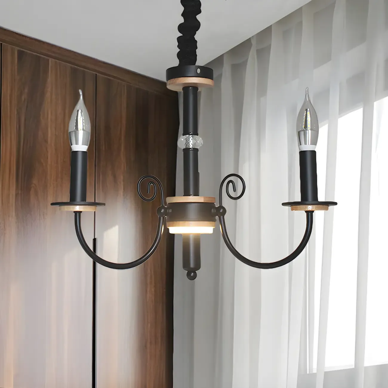 Traditional Rustic Black Metal Candle Chandelier Image - 2