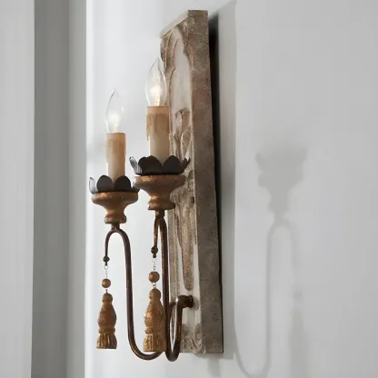 Candelabrum Wood Sconce Lighting Vintage 2 Lights Dining Room Wall Mounted Lamp in Rust Image - 2