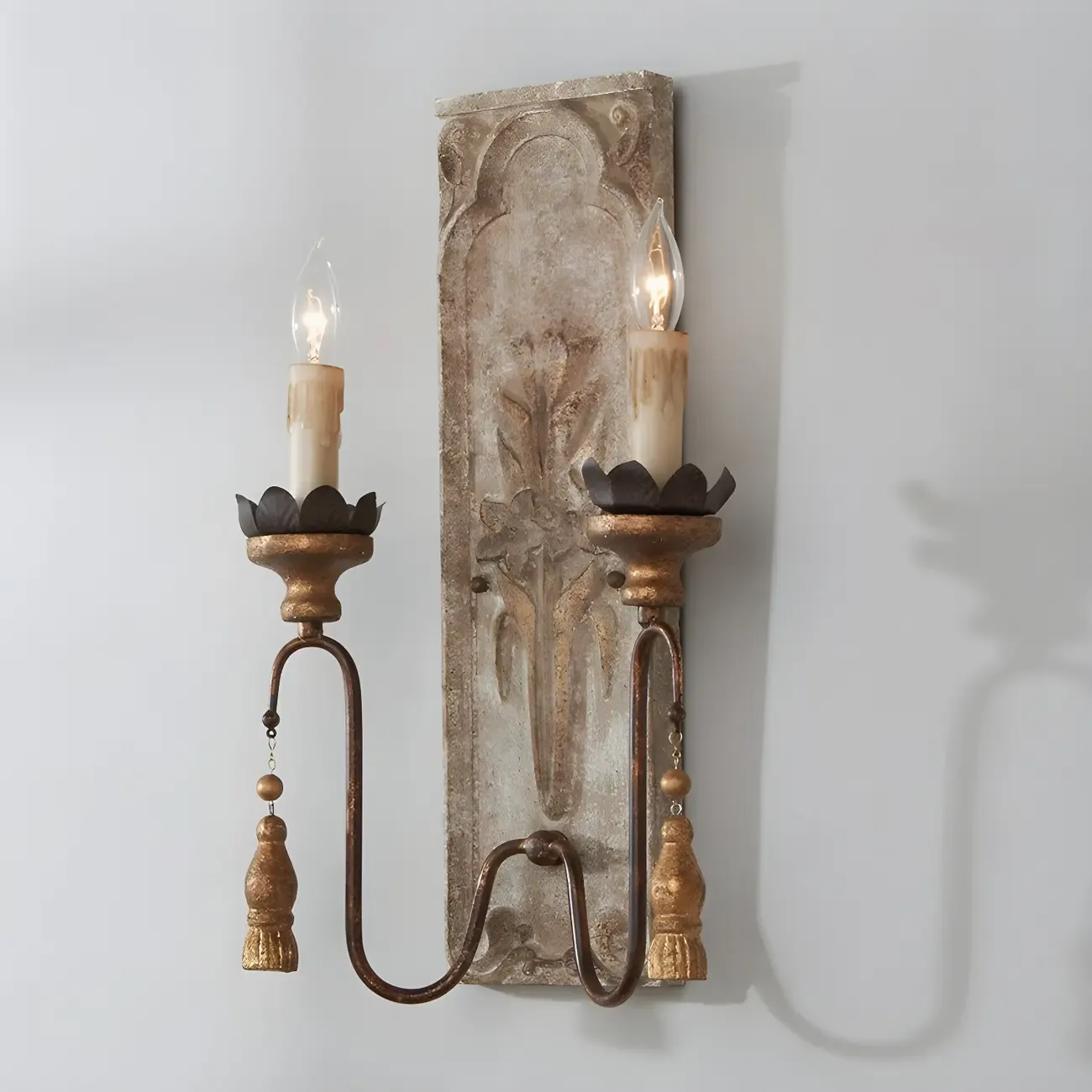 Candelabrum Wood Sconce Lighting Vintage 2 Lights Dining Room Wall Mounted Lamp in Rust Image - 1