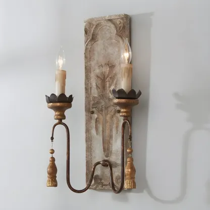 Candelabrum Wood Sconce Lighting Vintage 2 Lights Dining Room Wall Mounted Lamp in Rust Image - 1