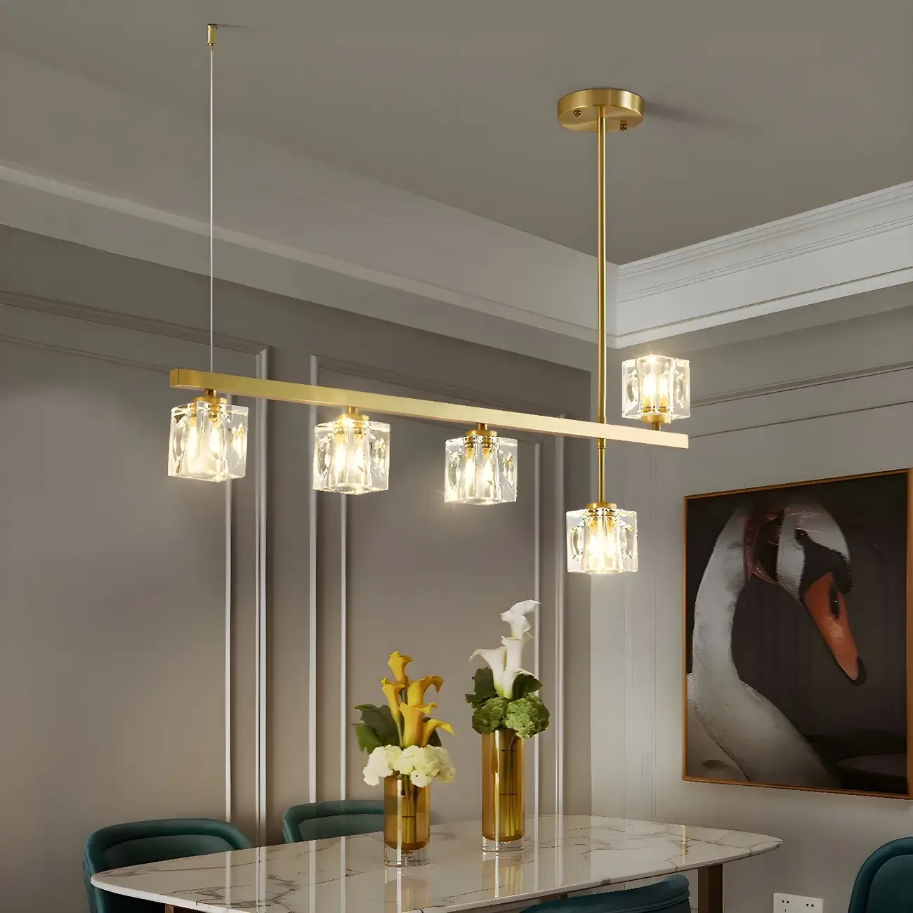 Geometric Gold Crystal Linear Island Pendant Light Image - 1