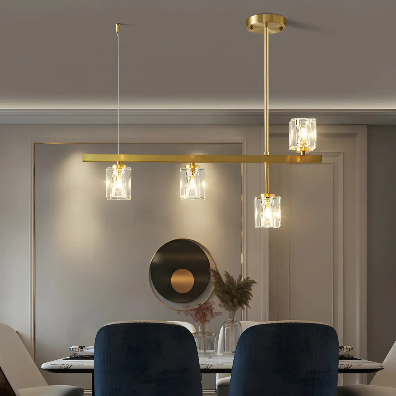 Geometric Gold Crystal Linear Island Pendant Light Image - 7