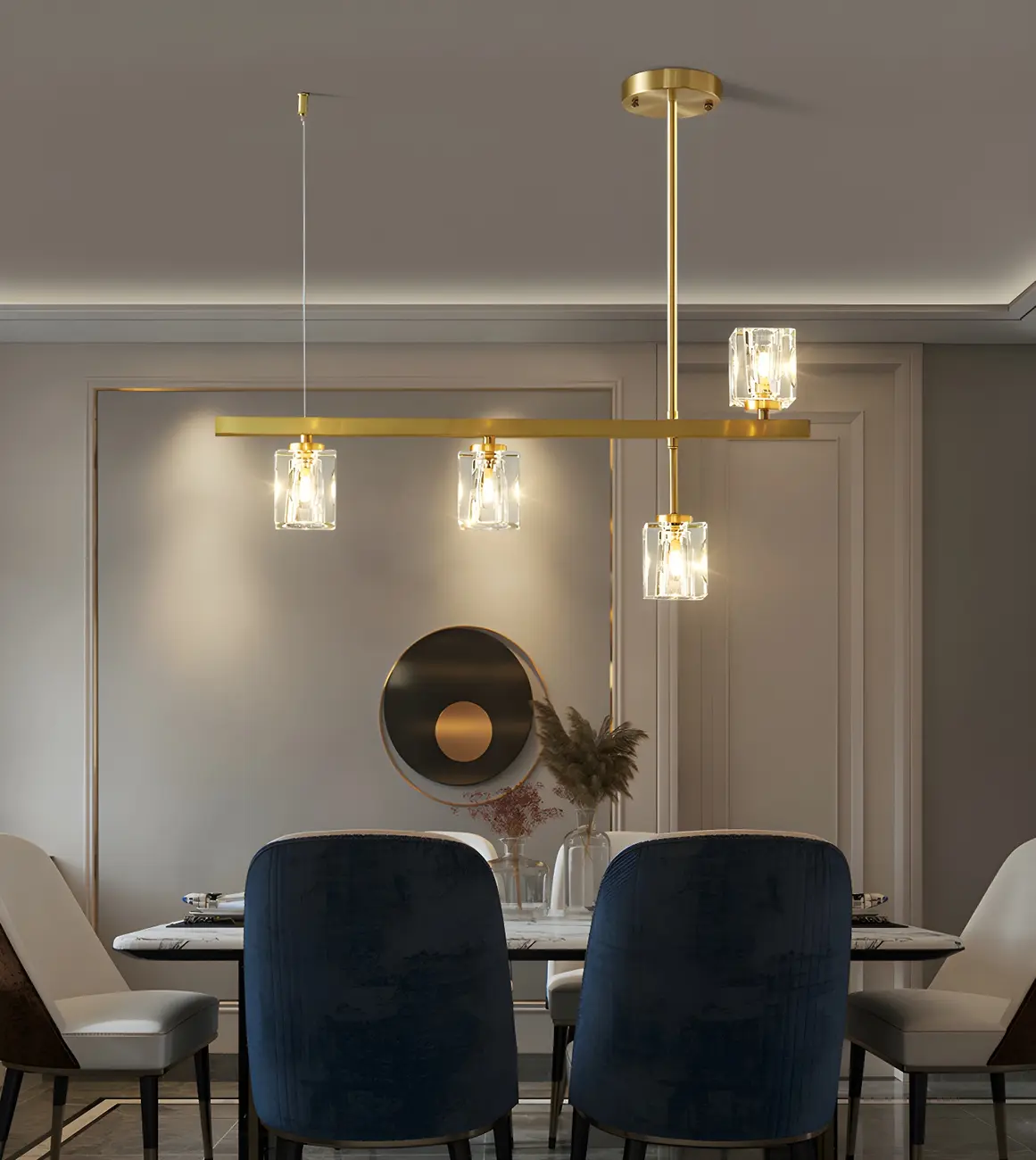 Geometric Gold Crystal Linear Island Pendant Light Image - 17 | homeyfad