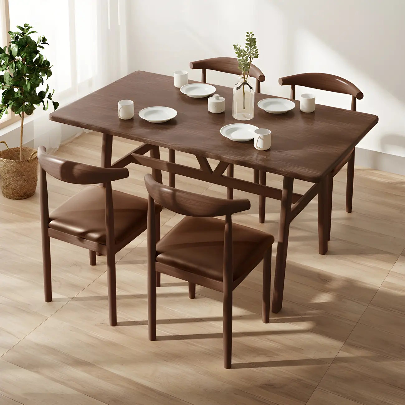 Walnut Wood Rectangular 5 Piece Dining Table Set Image - 1 | homeyfad
