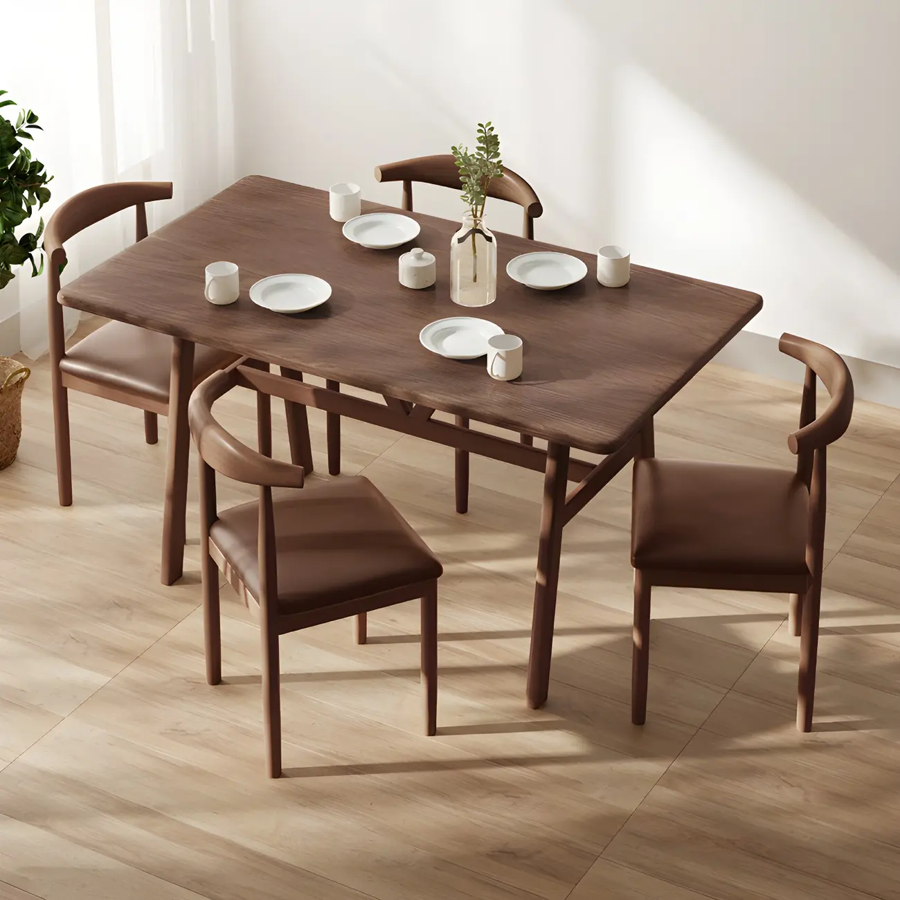 Walnut Wood Rectangular 5 Piece Dining Table Set Image - 2 | homeyfad