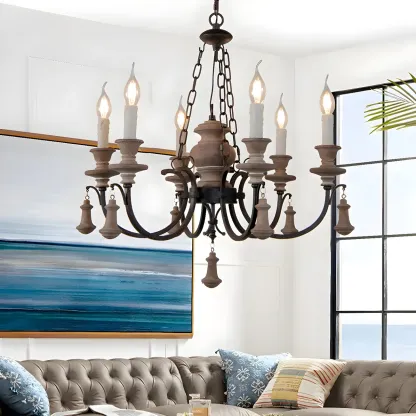 Rustic Farmhouse Brown Wood 6-Light Candelabra Chandelier Image - 3