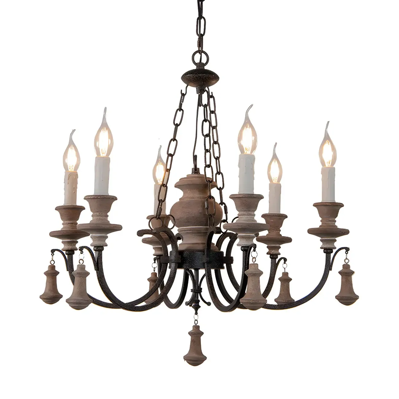 Rustic Farmhouse Brown Wood 6-Light Candelabra Chandelier Image - 7