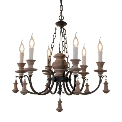 Rustic Farmhouse Brown Wood 6-Light Candelabra Chandelier Image - 7