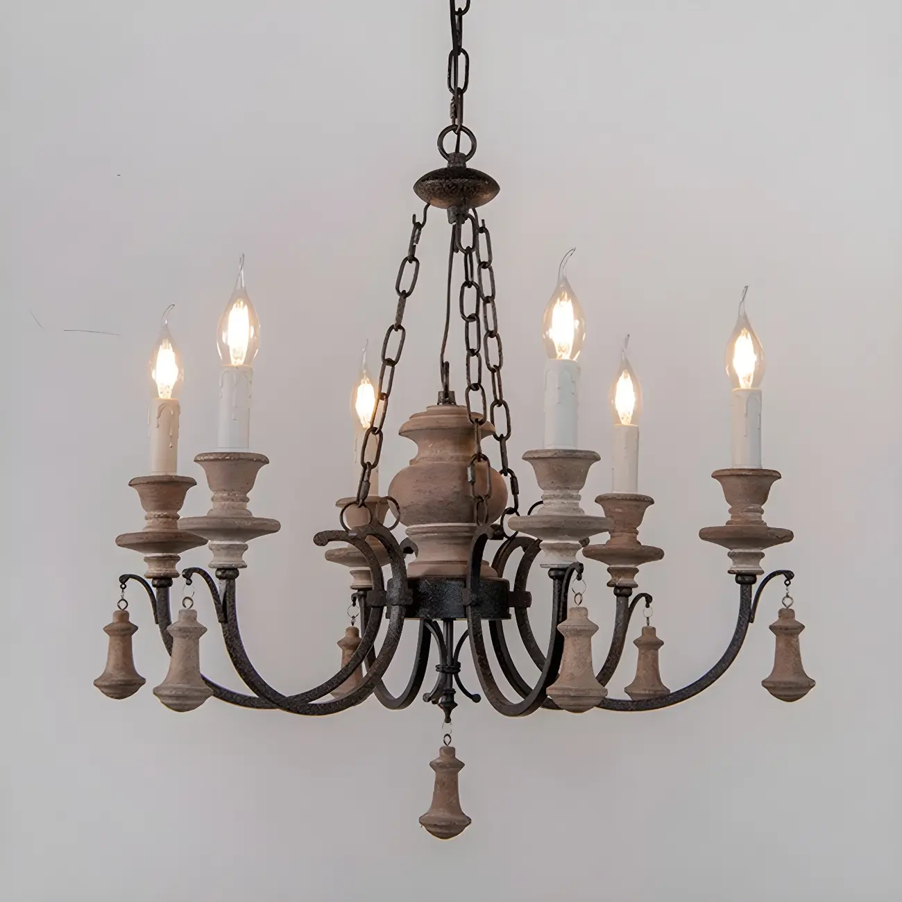Rustic Farmhouse Brown Wood 6-Light Candelabra Chandelier Image - 8 | homeyfad