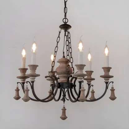 Rustic Farmhouse Brown Wood 6-Light Candelabra Chandelier Image - 8