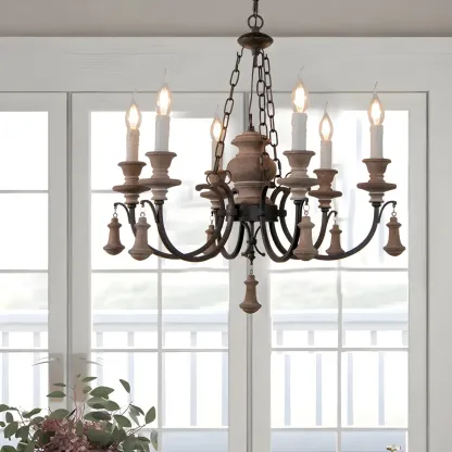 Rustic Farmhouse Brown Wood 6-Light Candelabra Chandelier Image - 1