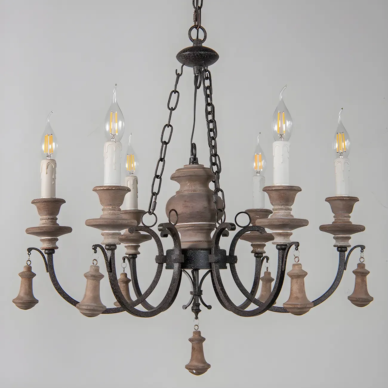 Rustic Farmhouse Brown Wood 6-Light Candelabra Chandelier Image - 9