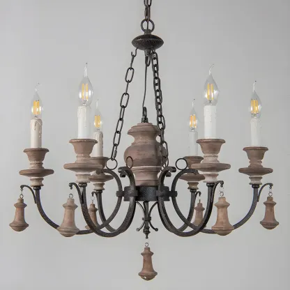 Rustic Farmhouse Brown Wood 6-Light Candelabra Chandelier Image - 9