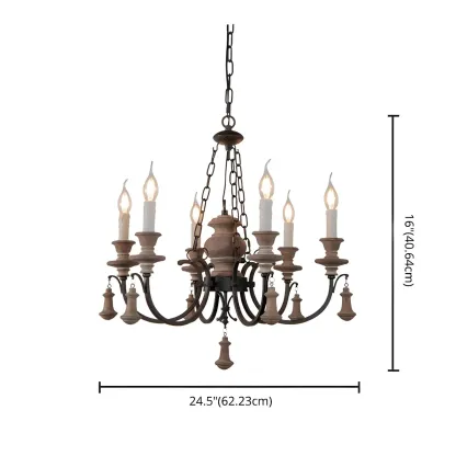 Rustic Farmhouse Brown Wood 6-Light Candelabra Chandelier Image - 11