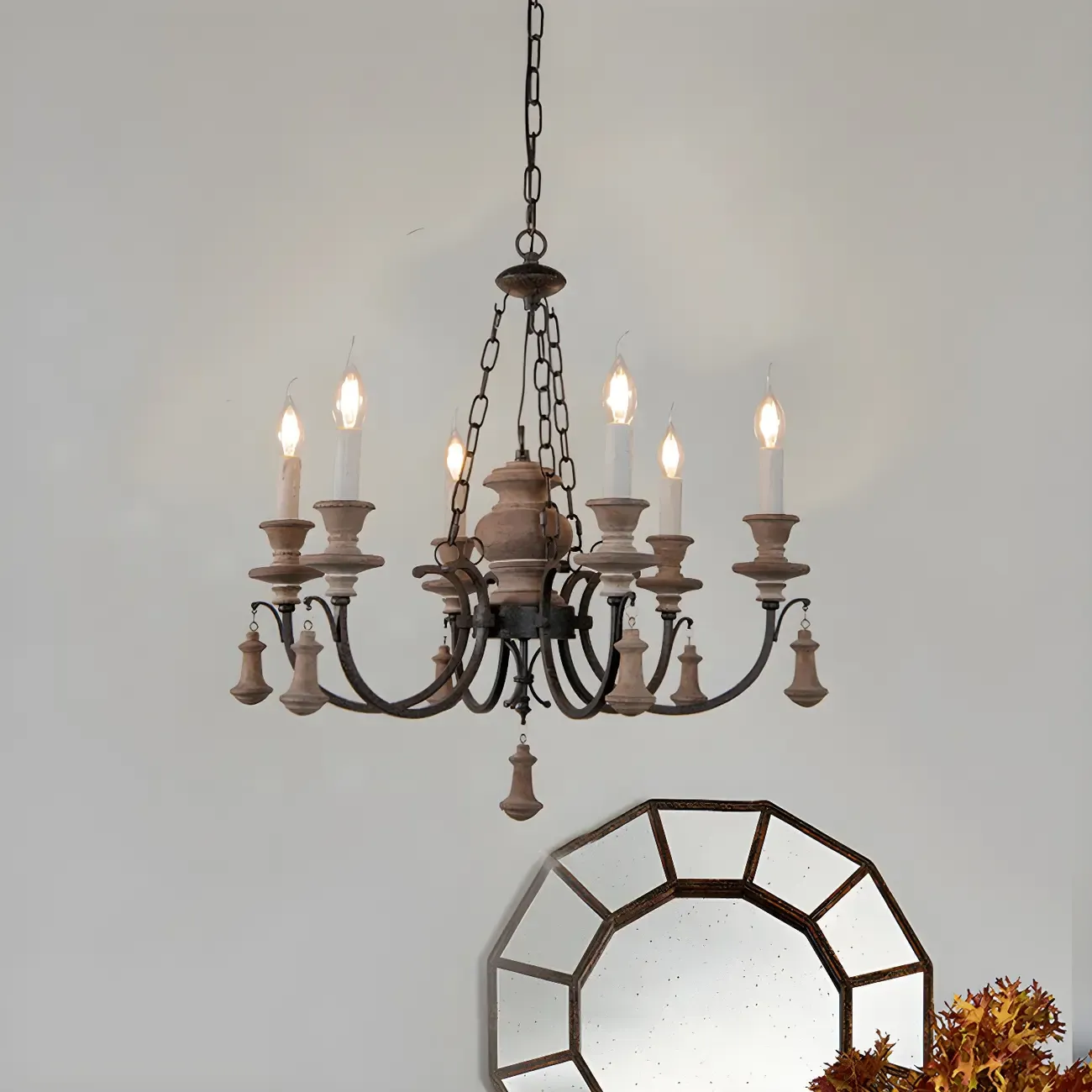 Rustic Farmhouse Brown Wood 6-Light Candelabra Chandelier Image - 4