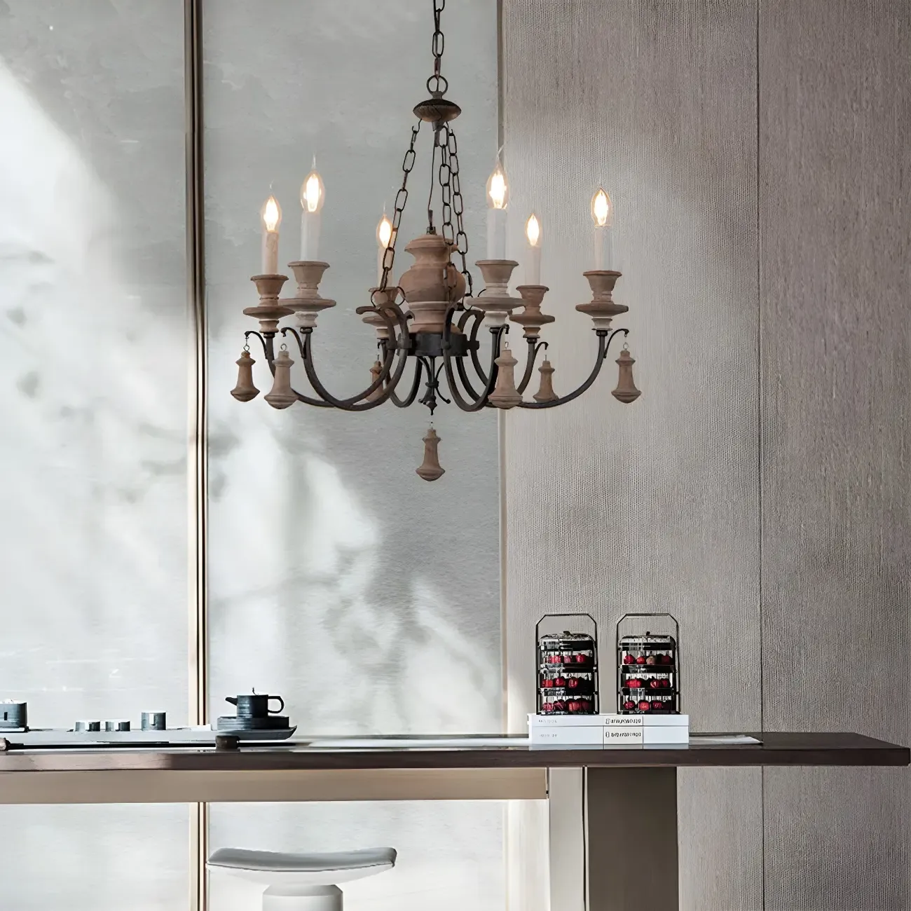 Rustic Farmhouse Brown Wood 6-Light Candelabra Chandelier Image - 2