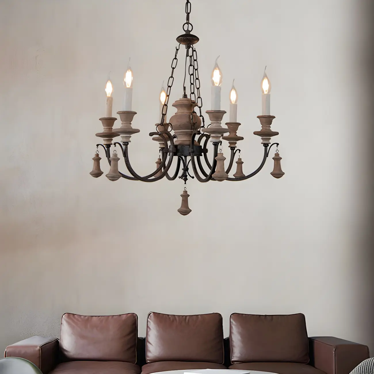 Rustic Farmhouse Brown Wood 6-Light Candelabra Chandelier Image - 5 | homeyfad