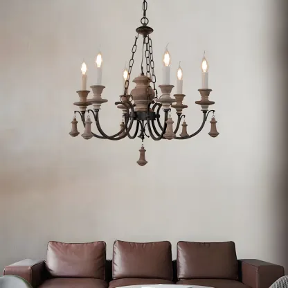 Rustic Farmhouse Brown Wood 6-Light Candelabra Chandelier Image - 5