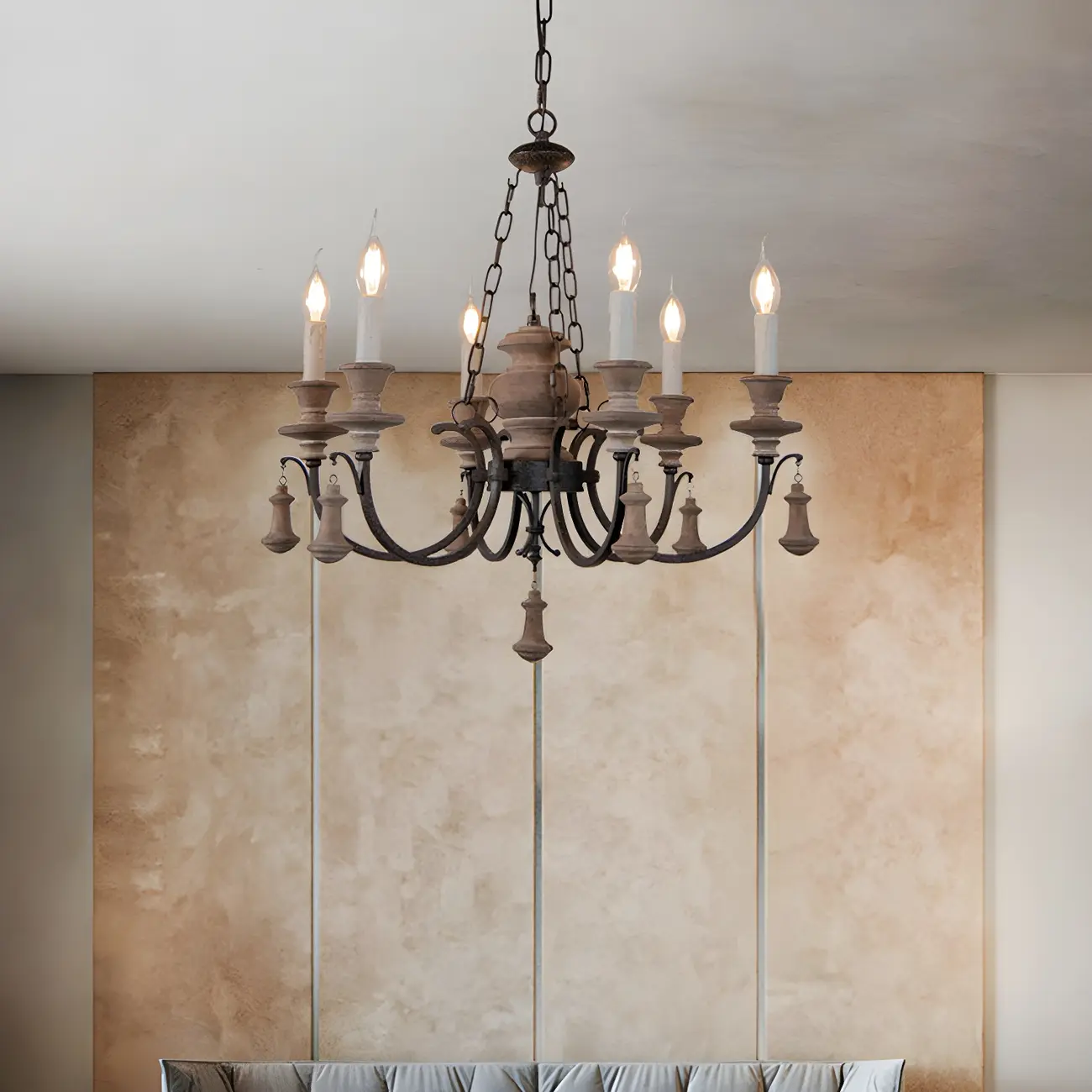 Rustic Farmhouse Brown Wood 6-Light Candelabra Chandelier Image - 6 | homeyfad