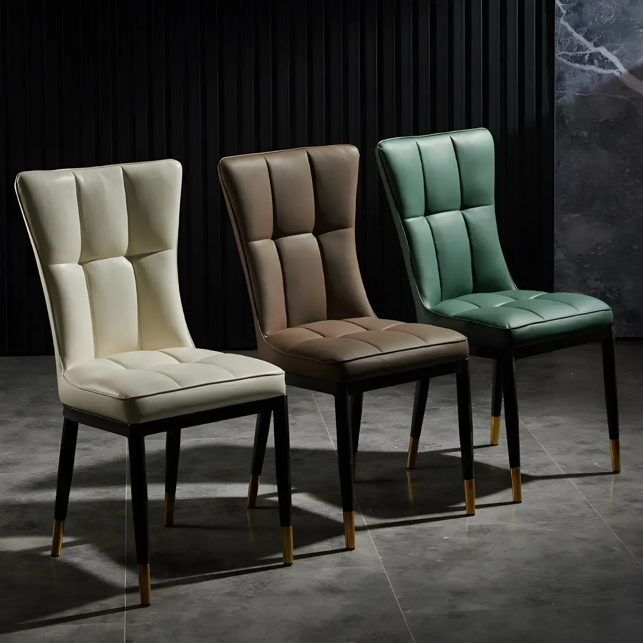 Armless Grey Tufted Leather High Back Dining Chair Image - 5