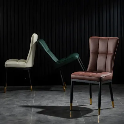 Armless Grey Tufted Leather High Back Dining Chair Image - 25