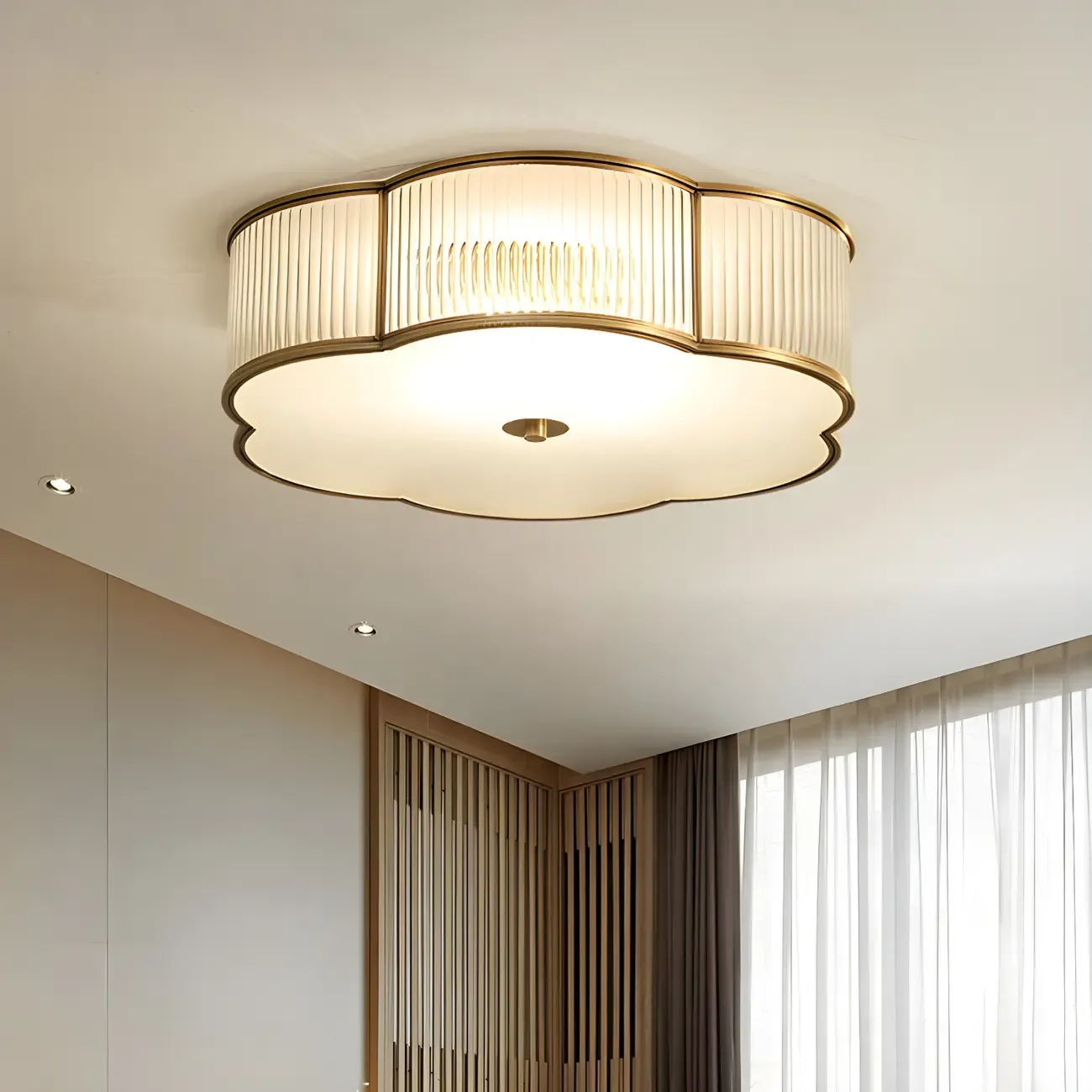 Traditional Ribbed Glass Drum Floral Flush Ceiling Light Image - 1