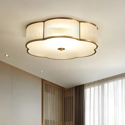 Traditional Ribbed Glass Drum Floral Flush Ceiling Light Image - 1