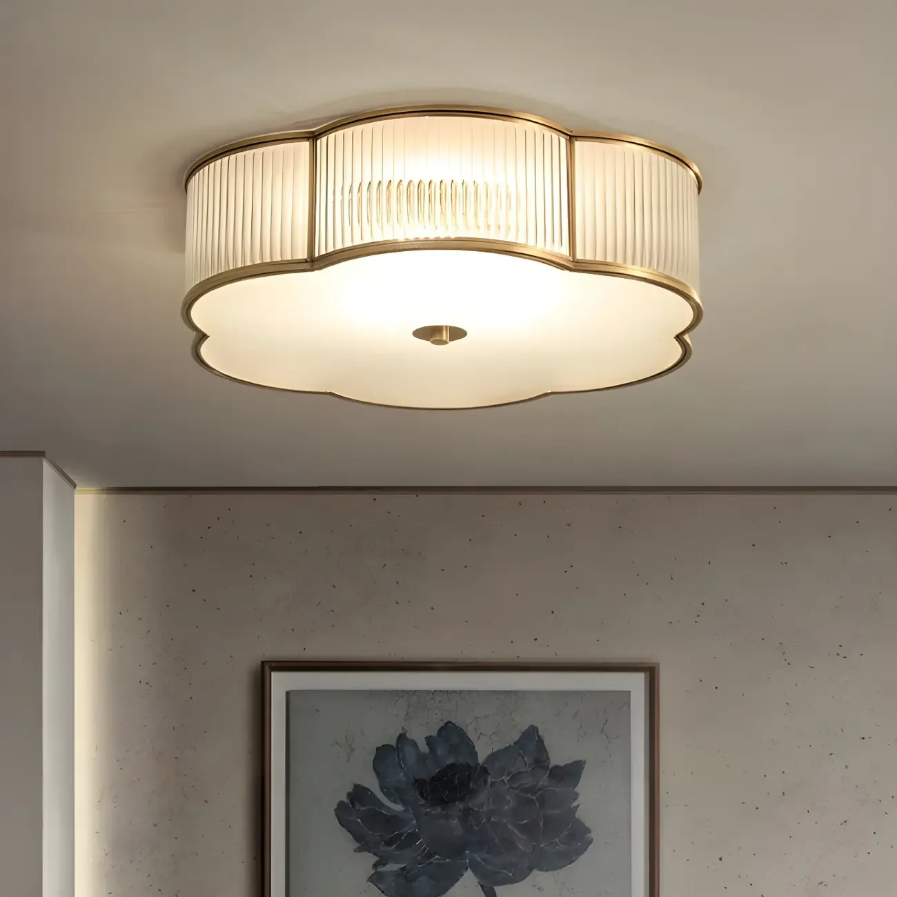 Traditional Ribbed Glass Drum Floral Flush Ceiling Light Image - 3