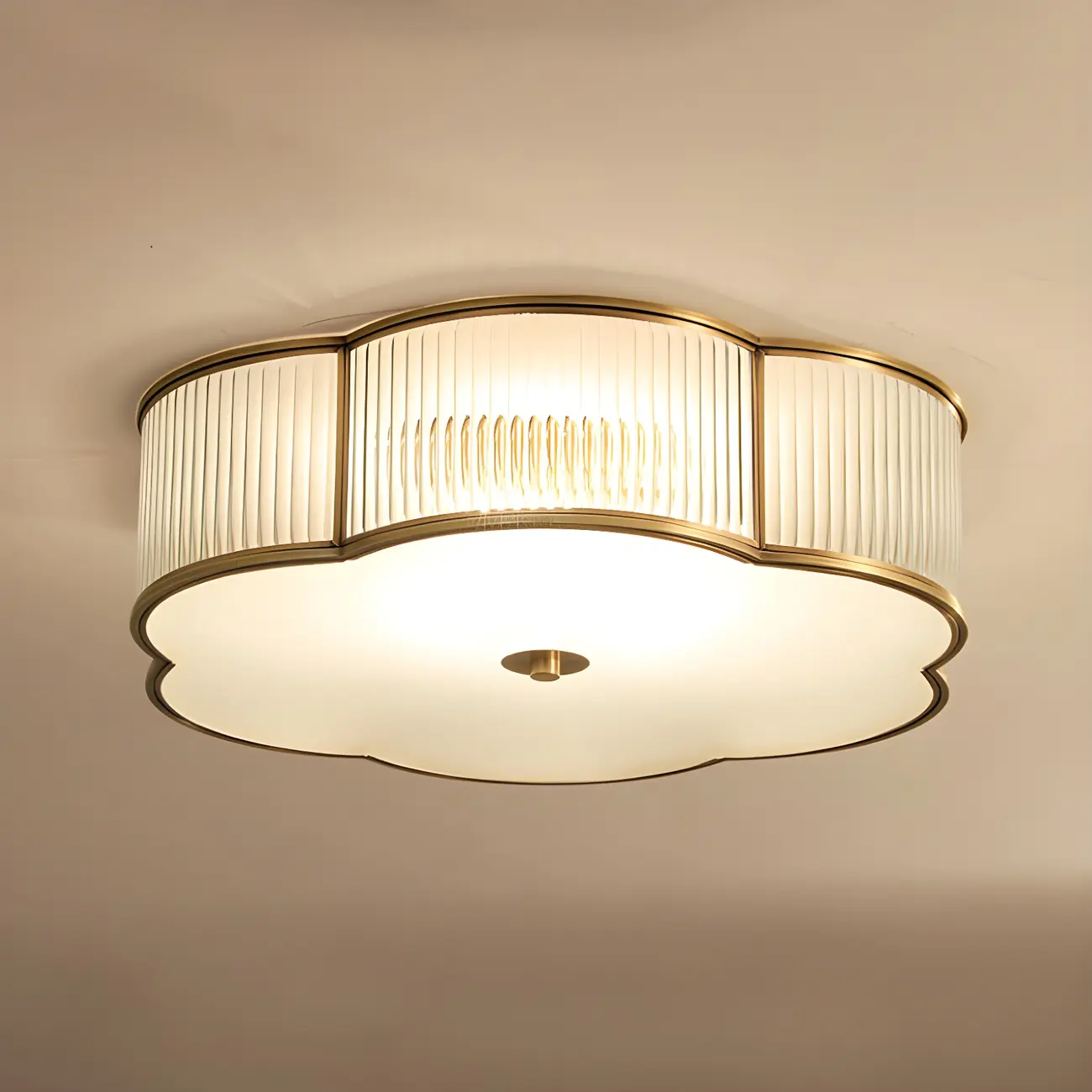 Traditional Ribbed Glass Drum Floral Flush Ceiling Light Image - 4 | homeyfad