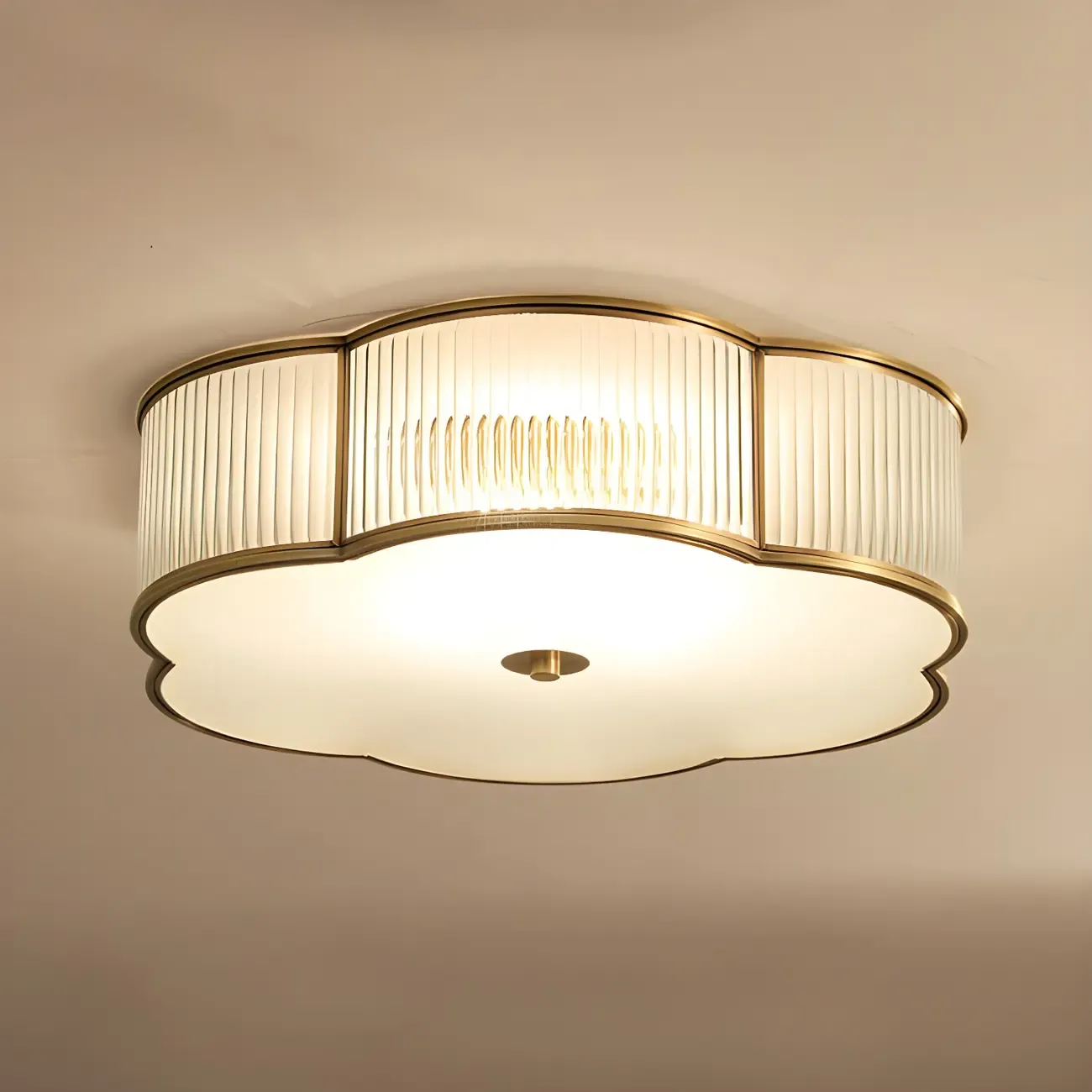 Traditional Ribbed Glass Drum Floral Flush Ceiling Light Image - 4