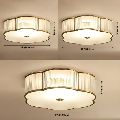 Traditional Ribbed Glass Drum Floral Flush Ceiling Light Image - 6