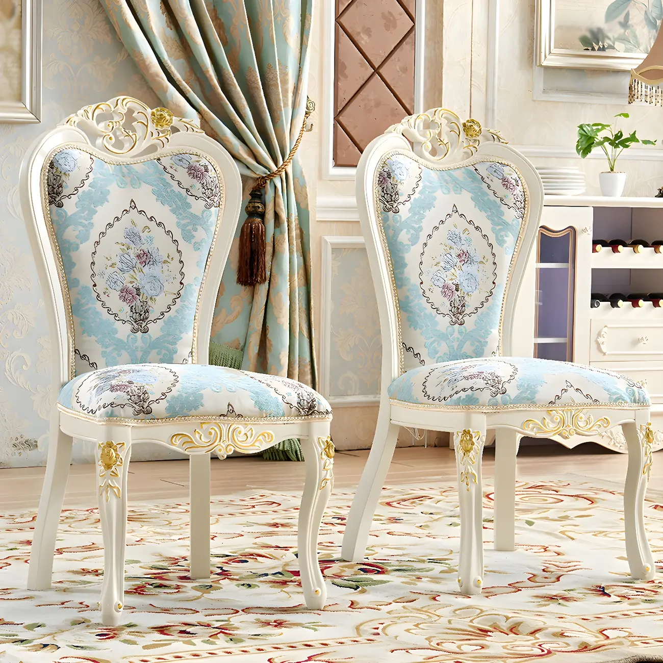 Victorian Apricot Dining Chairs with Wooden Legs and High Back Set of 2 Image - 1 | homeyfad