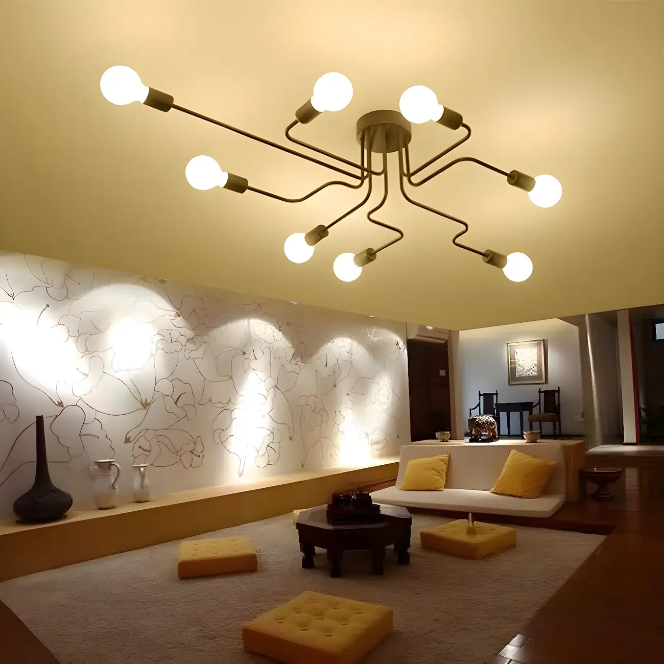 Industrial Sputnik Black Cast Iron Semi Flush Mount Ceiling Light Image - 1 | homeyfad