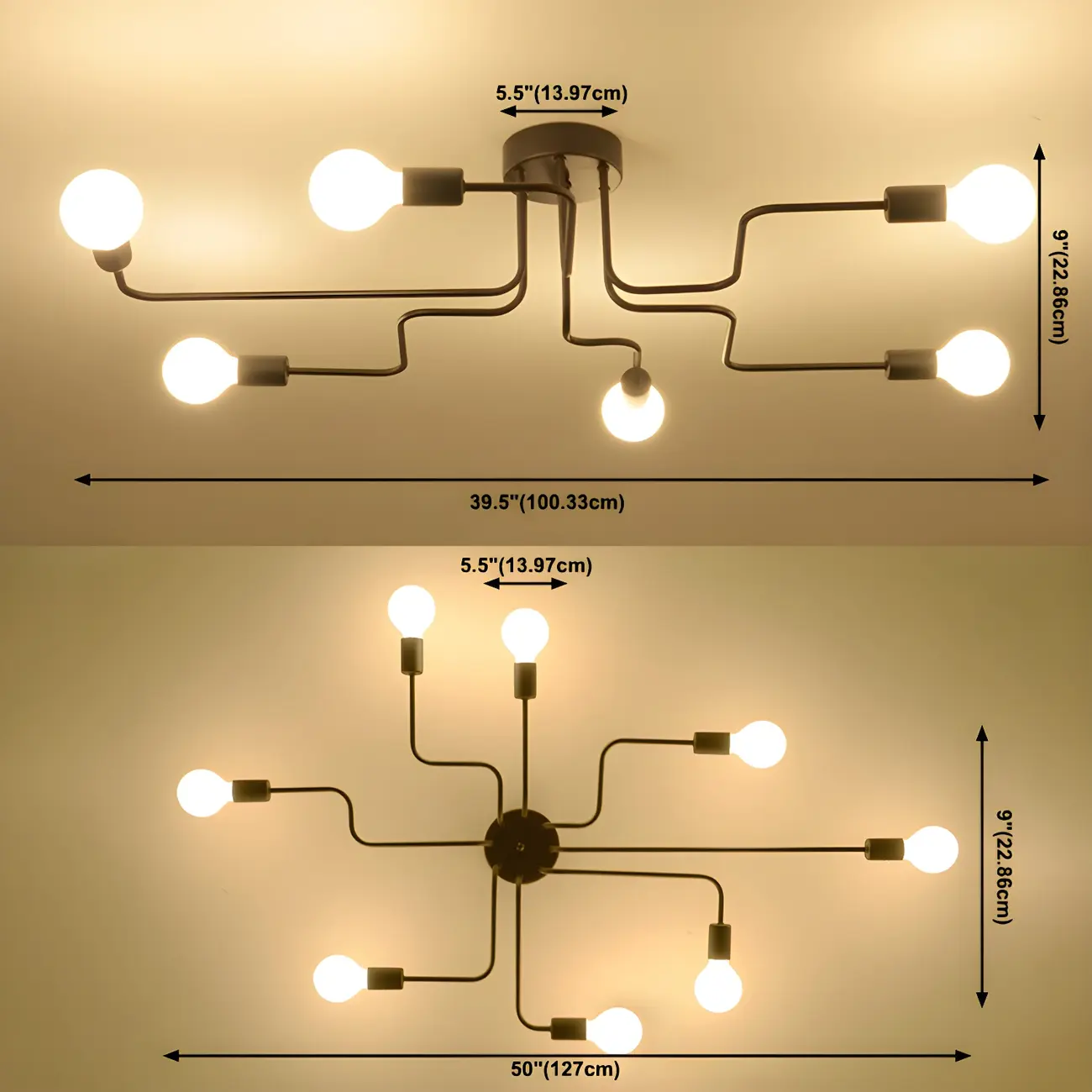 Industrial Sputnik Black Cast Iron Semi Flush Mount Ceiling Light Image - 6 | homeyfad
