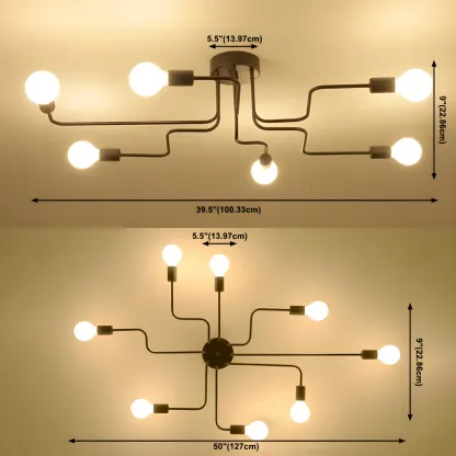 Industrial Sputnik Black Cast Iron Semi Flush Mount Ceiling Light Image - 6