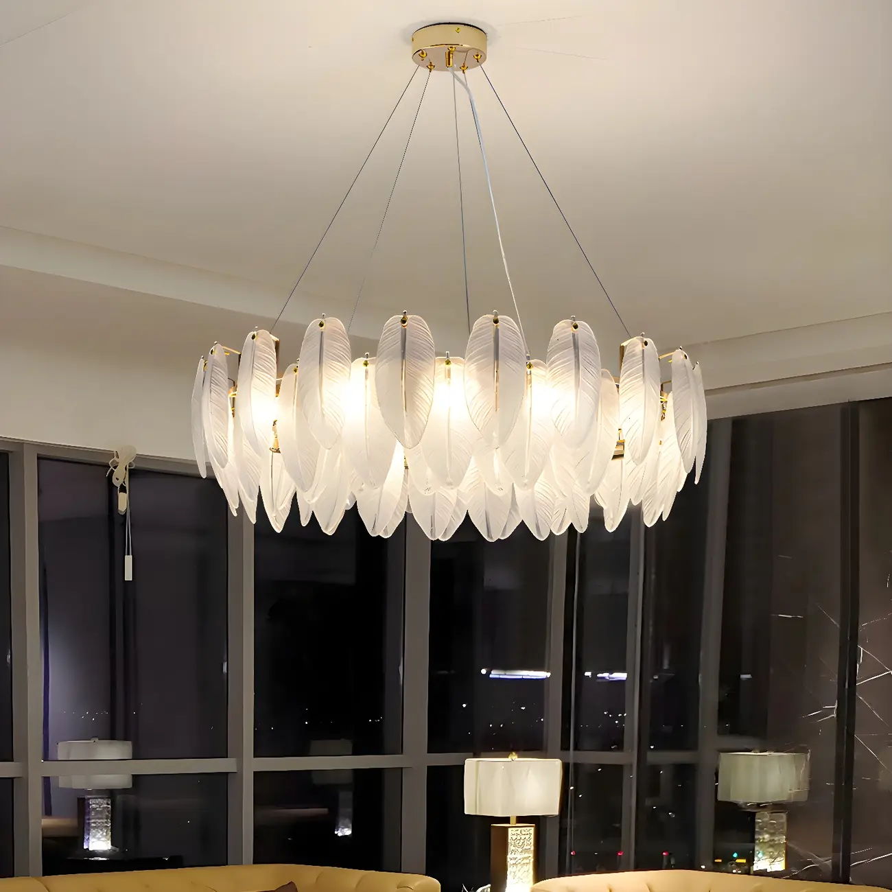 White Feather Glass Crystal Linear Modern Chandelier Image - 1 | homeyfad