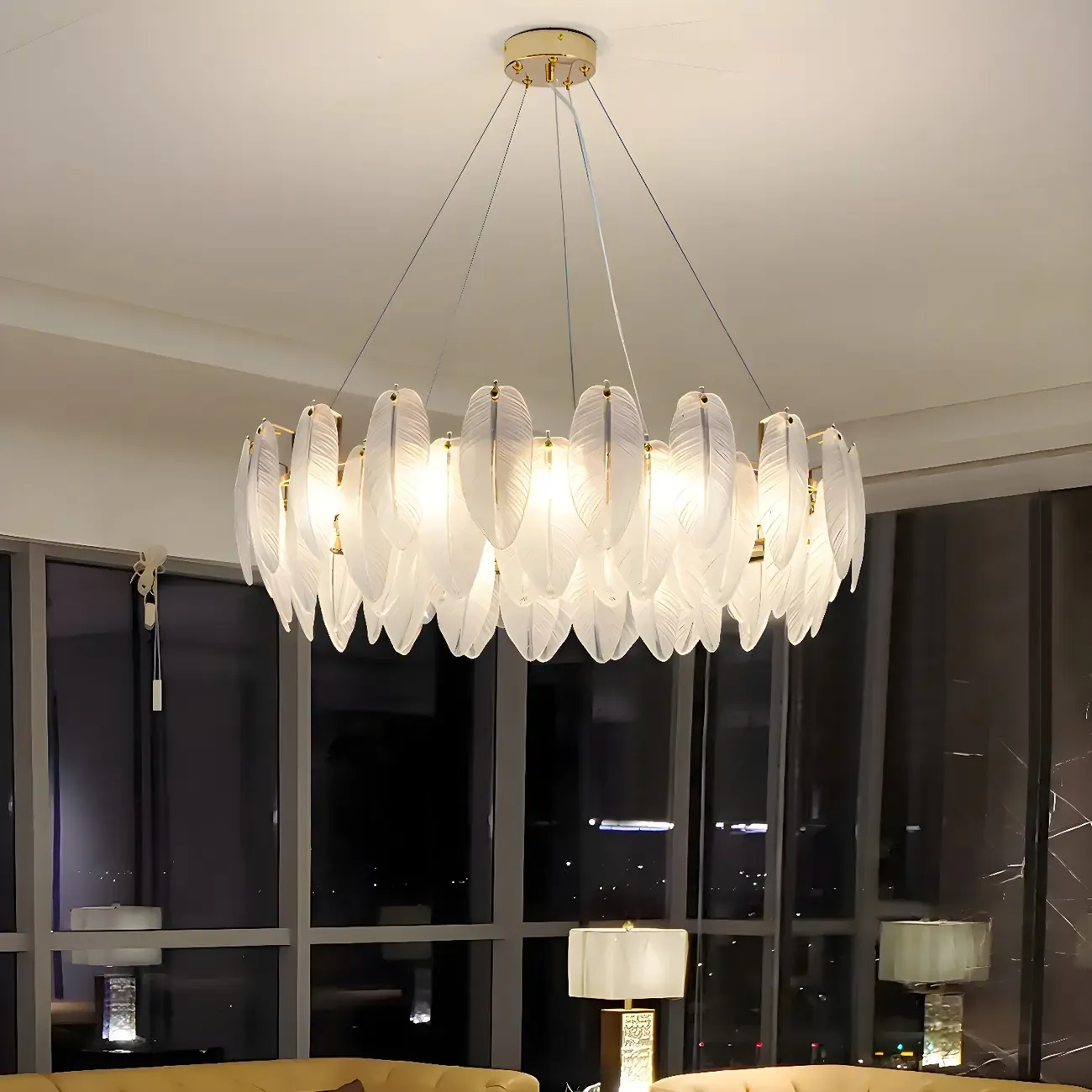 White Feather Glass Crystal Linear Modern Chandelier Image - 1